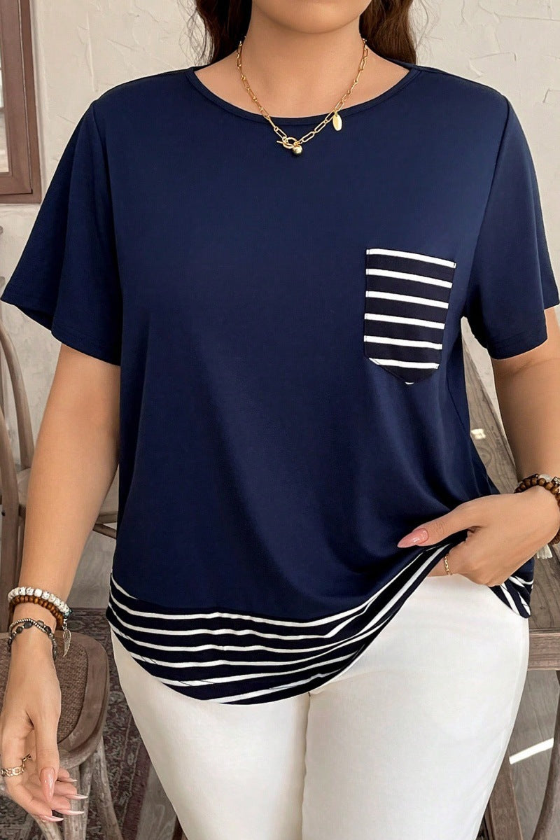 Damen Legeres T-Shirt mit gestreiftem Saum und Brusttasche R&B