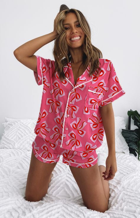 Damen Kurzarm-Pyjama-Set mit verspieltem Schleifenmuster R&B