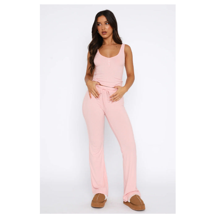 Damen lässiges Freizeit-Set mit kurzer Bluse und weiten Hosen R&B