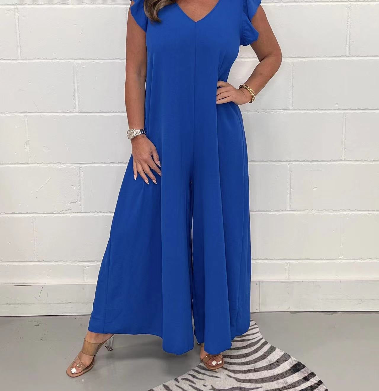 Damen luftiger Jumpsuit mit weit geschnittenem Bein und V-Ausschnitt R&B