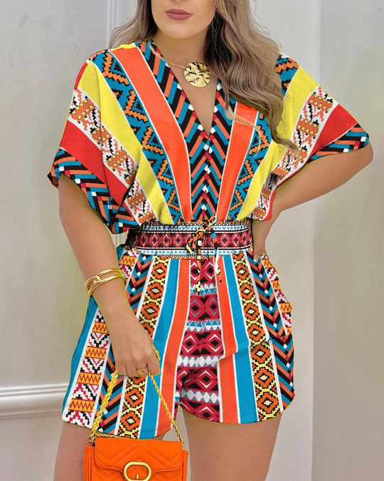 Damen modisches Kurzarm-Jumpsuit mit elastischem Bund und maritimem Muster R&B