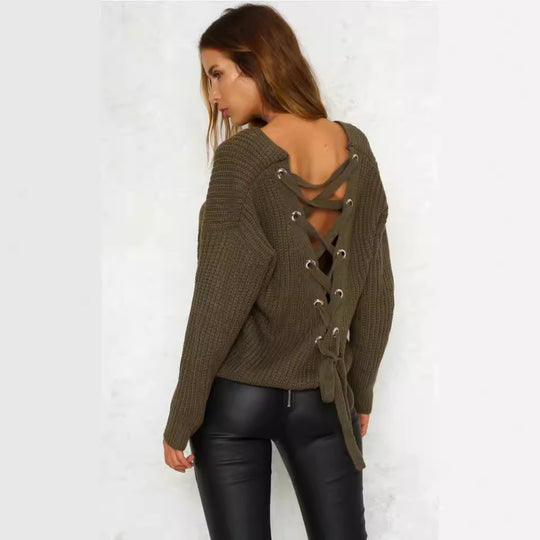 Damen lässiger Strickpullover mit dekorativem Rückenausschnitt und Kordelzug R&B