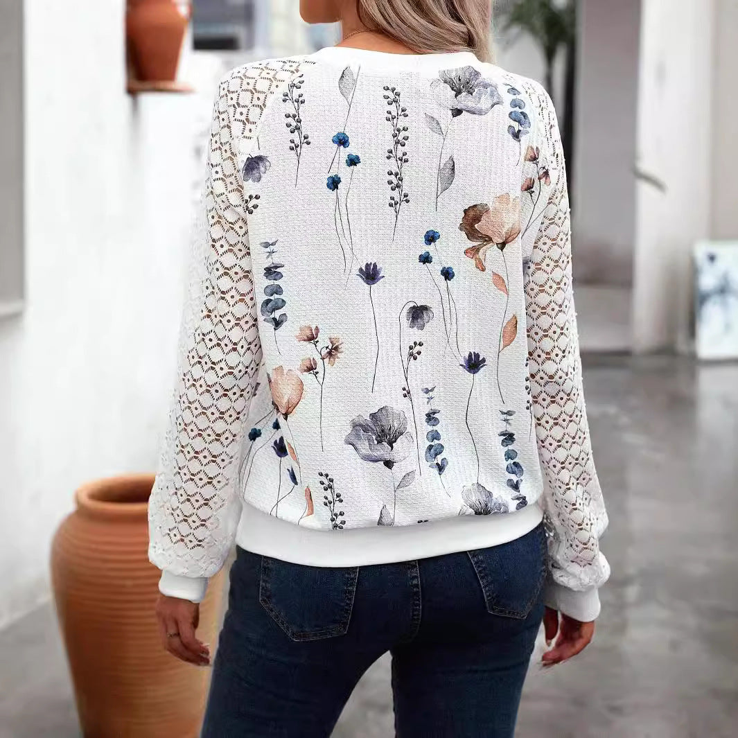 Damen Sweatshirt mit floralem Muster und transparenten Spitzenärmeln R&B