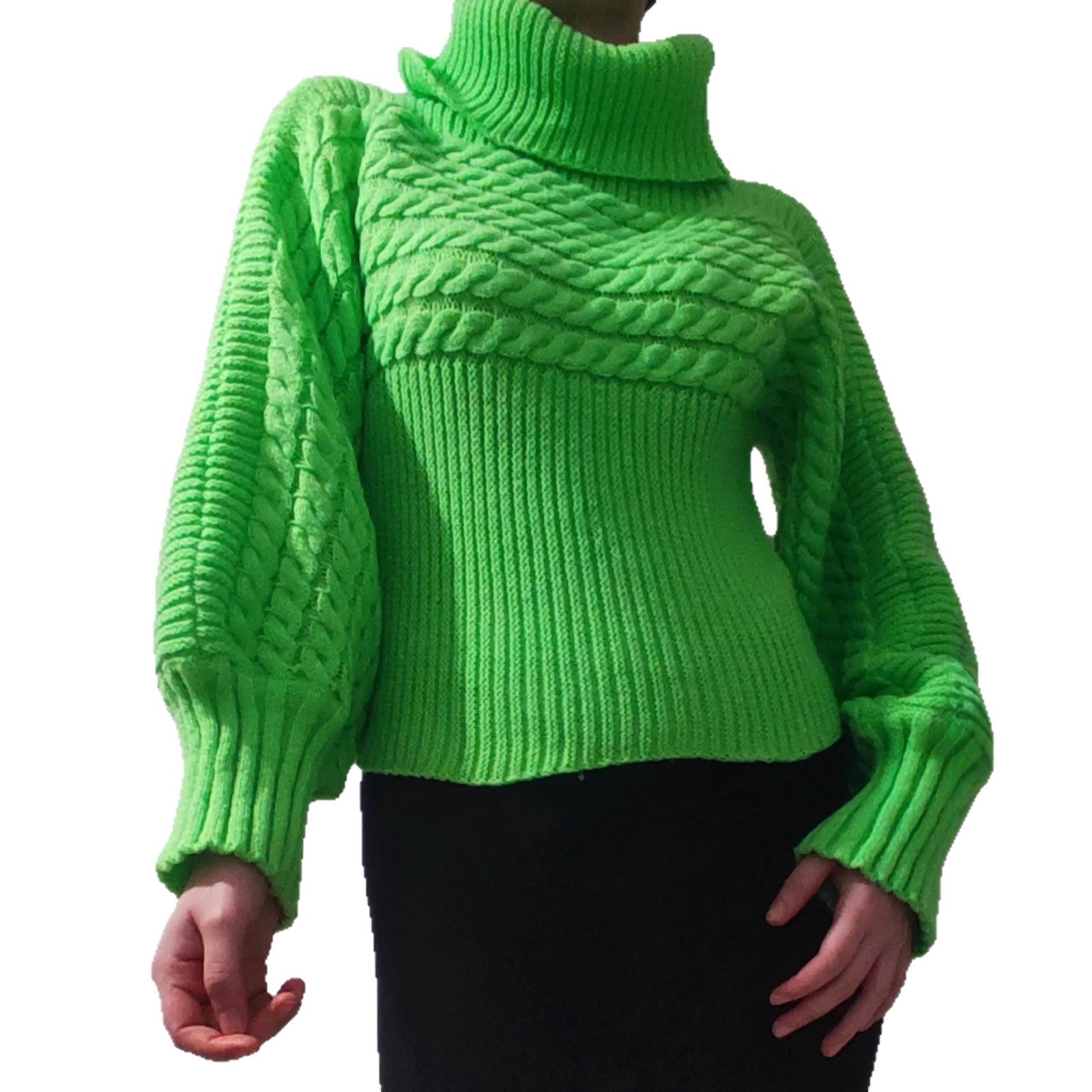 Damen Lockere Strickpullover mit hohem Kragen und ausgefallenem Zopfmuster R&B