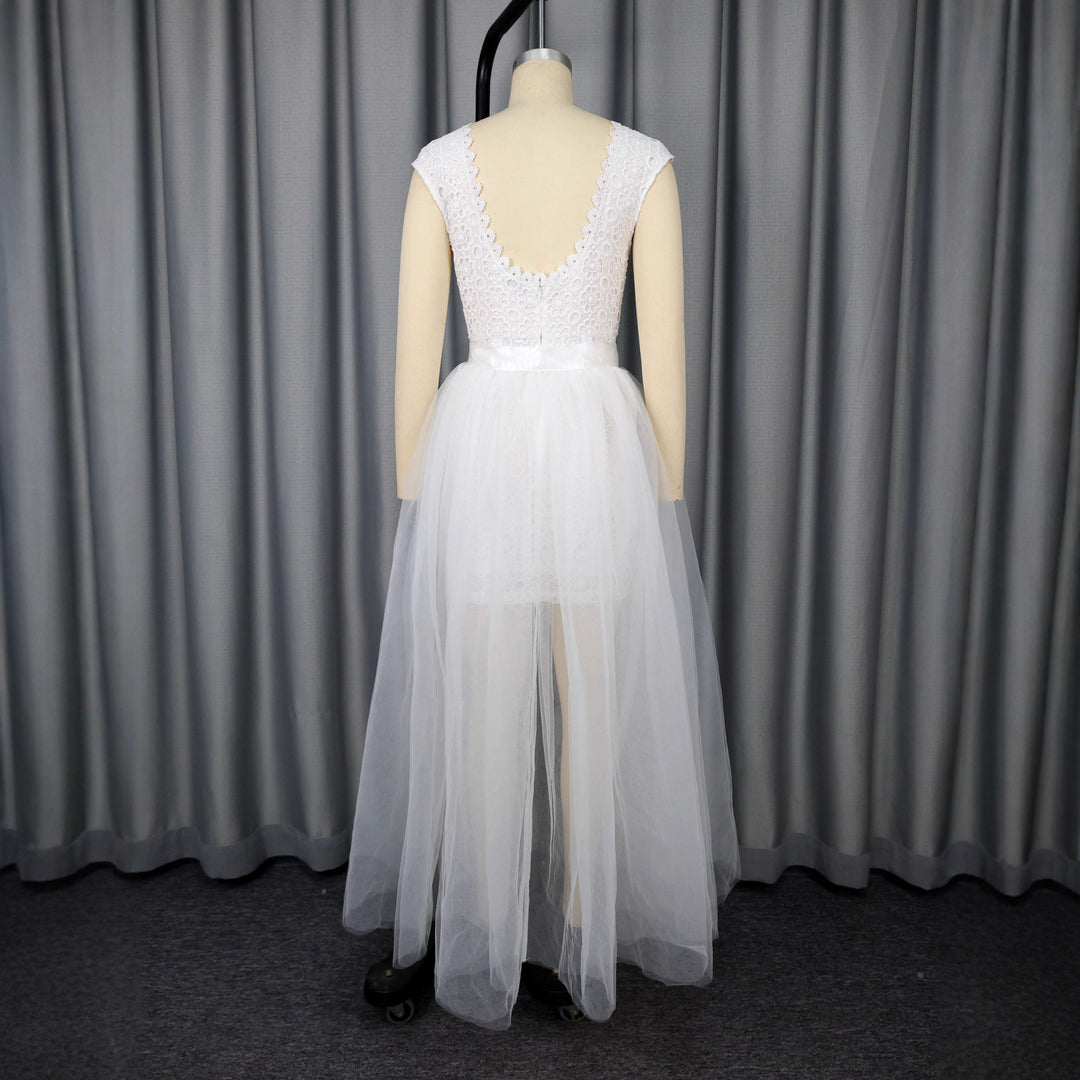 Damen Midi-Brautkleid mit verziertem Oberteil und transparentem Tüll Überrock R&B