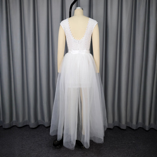 Damen Midi-Brautkleid mit verziertem Oberteil und transparentem Tüll Überrock R&B