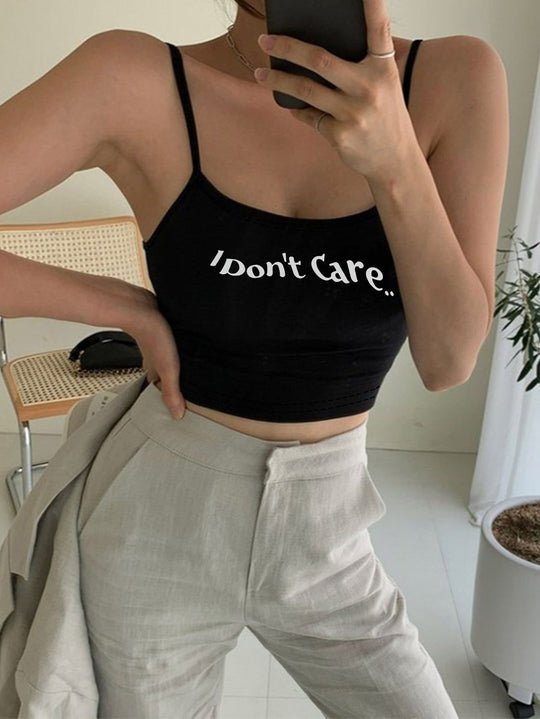 Damen Crop-Top mit kreativem Schriftzug und feinen Trägern R&B