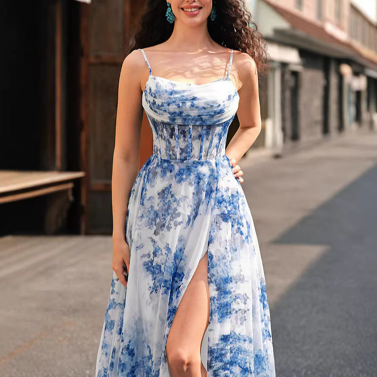 Damen Maxikleid mit schwingendem Rock und floralem Muster EB