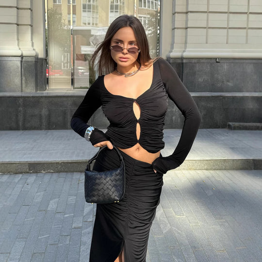 Damen elegante und figurbetonte Midi-Kleid mit Schlüsselloch-Ausschnitt R&B