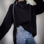 Damen lässiger Strickpullover mit asymmetrischem Reißverschluss und großem Kragen R&B
