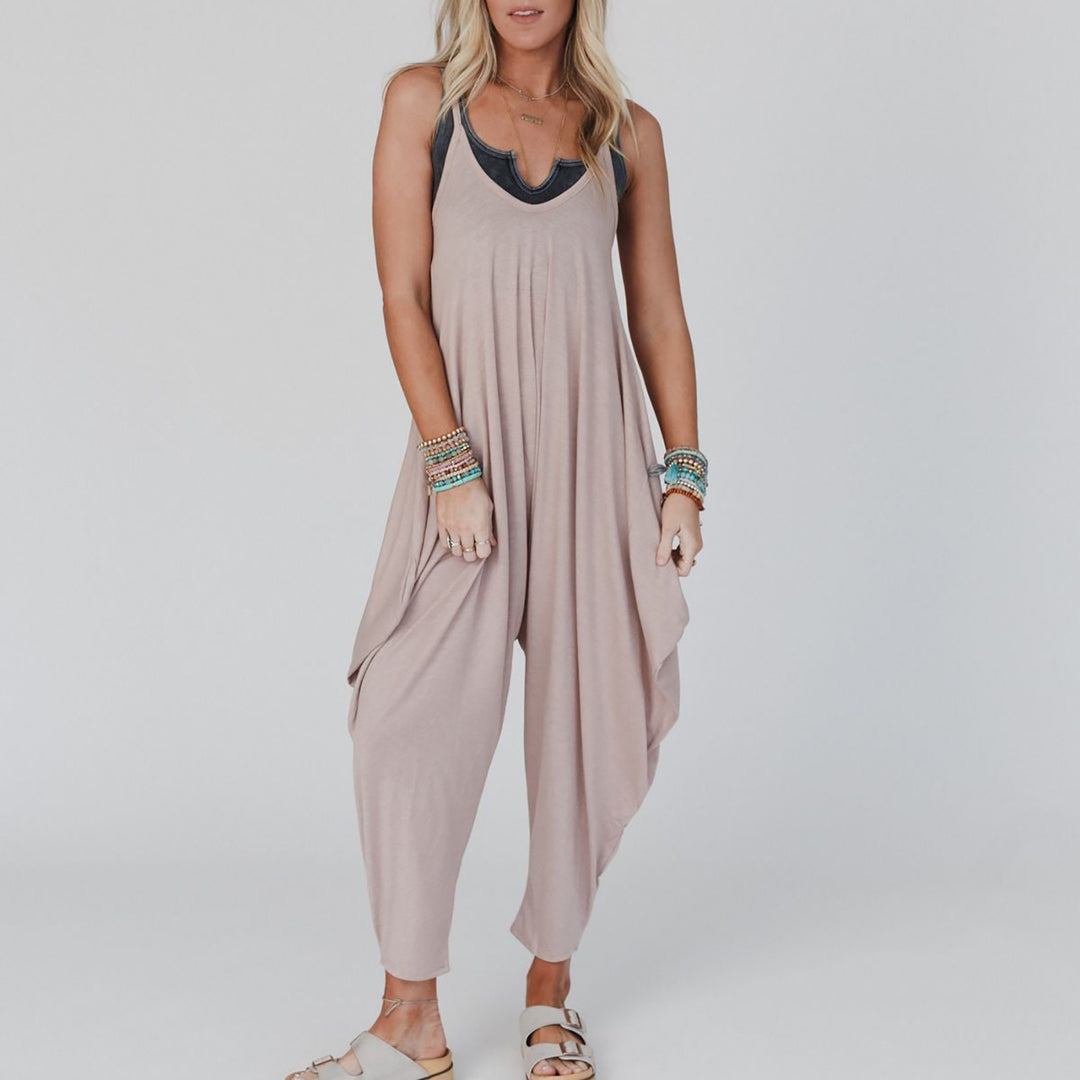 Damen bequemer Jumpsuit mit lässigem Schnitt und tiefem V-Ausschnitt R&B