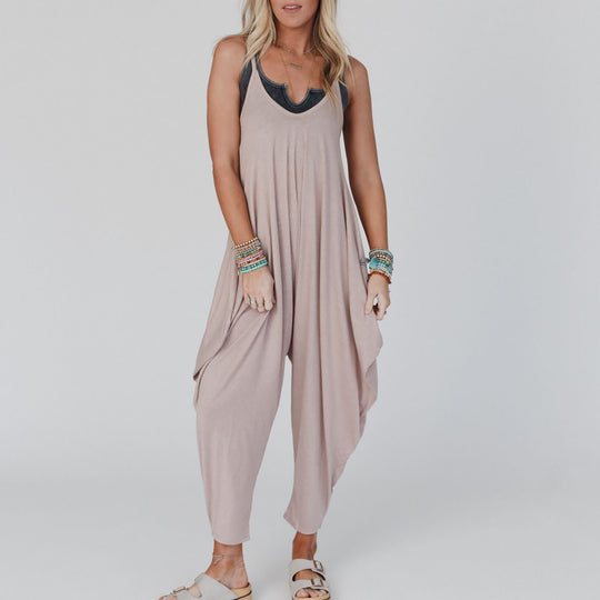 Damen bequemer Jumpsuit mit lässigem Schnitt und tiefem V-Ausschnitt R&B