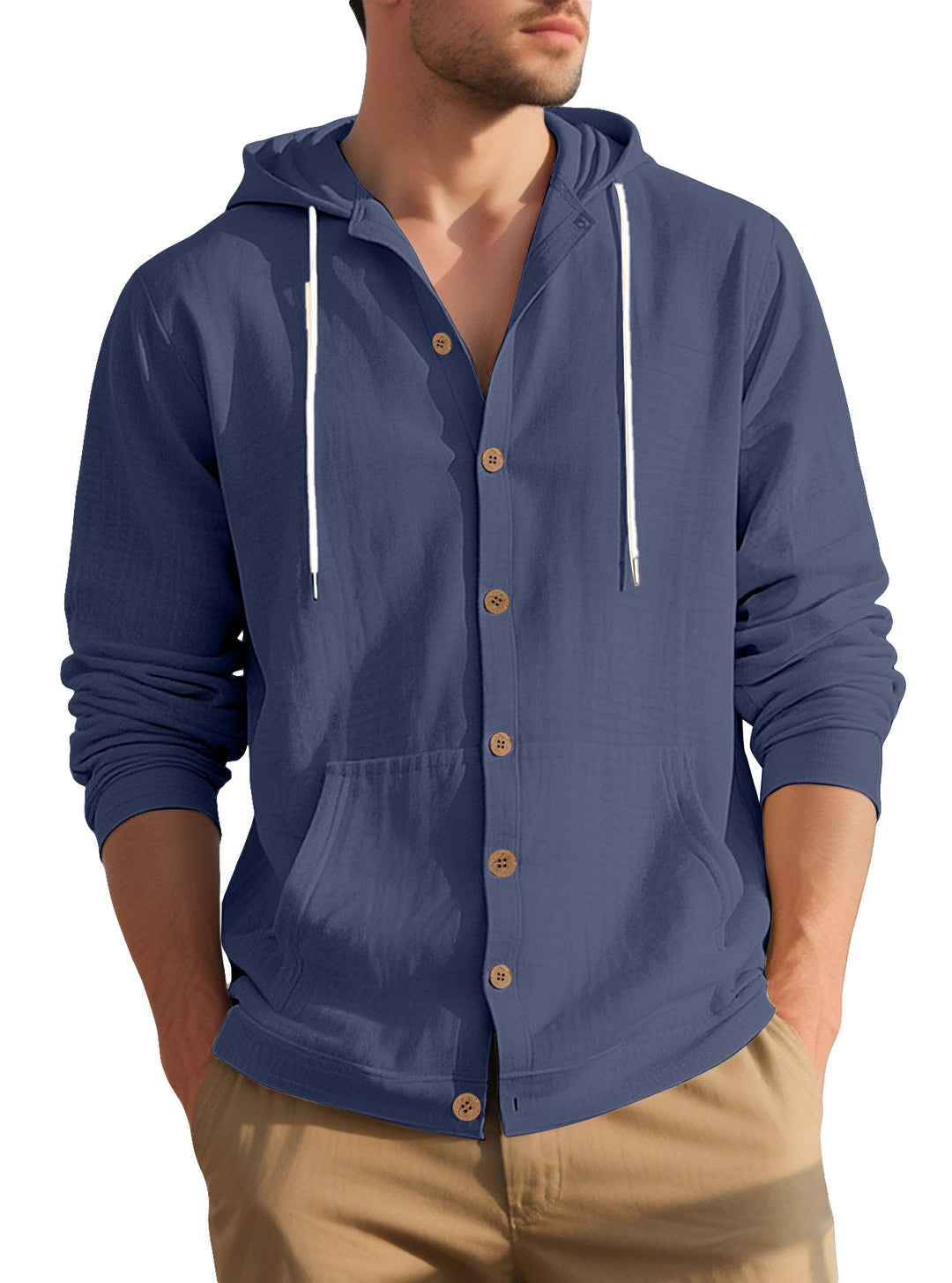 Herren nan leichtes Kapuzen-Übershirt im Crinkle-Look mit Holzknopfleiste und Kängurutasche R&B