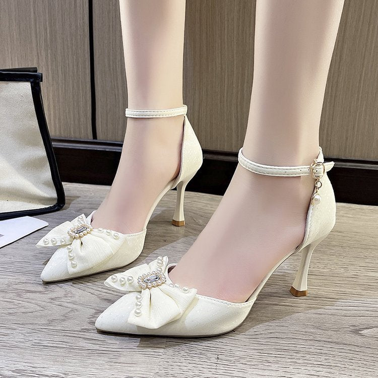 Damen eleganter Absatzschuh mit Schleife und Zierperlen R&B