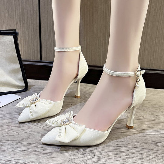 Damen eleganter Absatzschuh mit Schleife und Zierperlen R&B