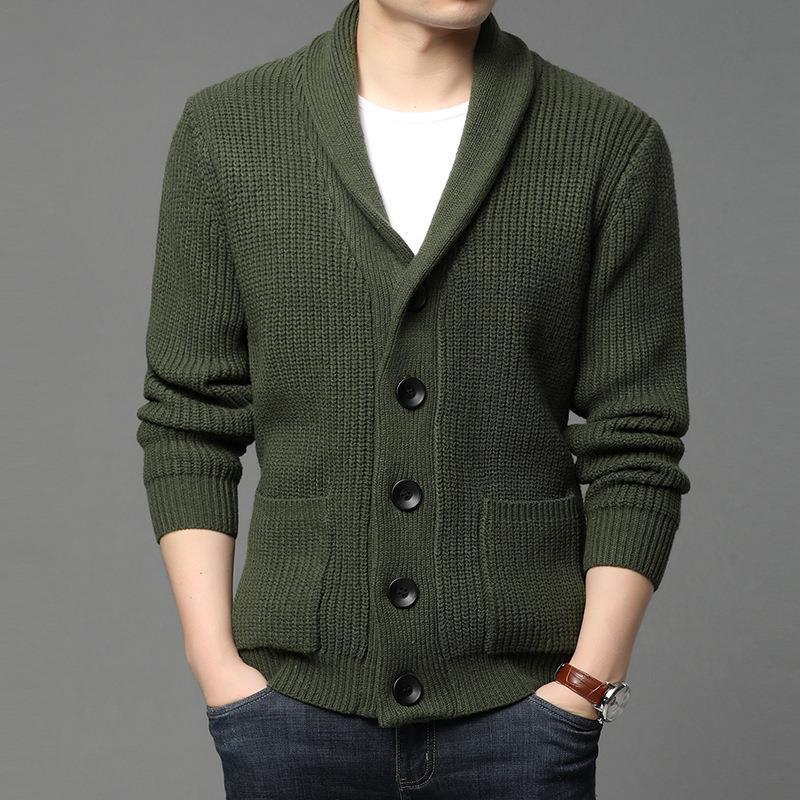 Herren kuschelige Strickjacke mit schickem Kragen und funktionalen Taschen R&B