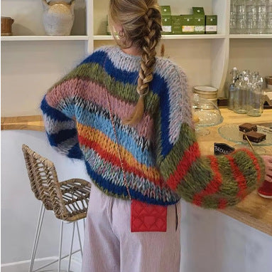 Damen Kuscheliger Strickpullover mit weit ausgestellten Ärmeln und buntem Streifenmuster R&B
