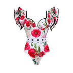 Damen Badeanzug mit Rüschendetails und floralem Überrock R&B