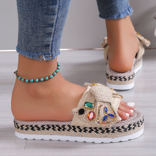 Damen Wedge-Pantoletten mit eleganter Schleifenverzierung und funkelnden Schmucksteinen R&B