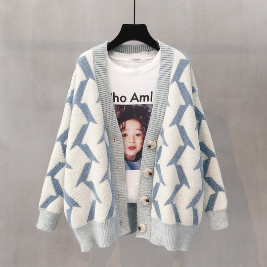 Damen Grobstrick Cardigan mit modernem Zickzackmuster und Knopfdetails R&B