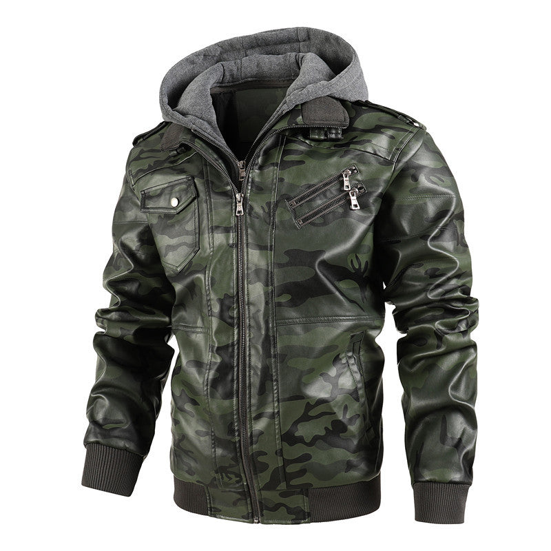 Herren Kunstlederjacke mit abnehmbarer Kapuze und multifunktionalen Taschen R&B