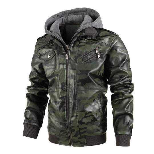 Herren Kunstlederjacke mit abnehmbarer Kapuze und multifunktionalen Taschen R&B