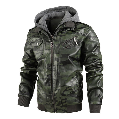 Herren Kunstlederjacke mit abnehmbarer Kapuze und multifunktionalen Taschen R&B