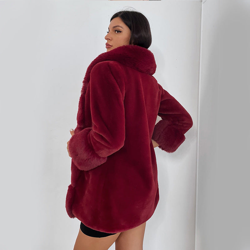 Damen Flauschige Kunstpelzjacke mit Kapuze und dekorativen Details R&B