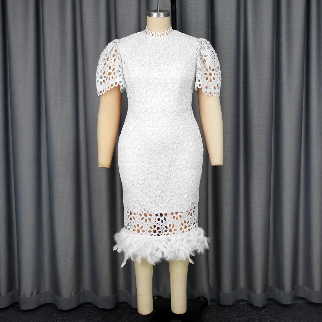 Damen Hochwertiges Spitzenkleid mit voluminösen Puffärmeln und fransigem Saum R&B