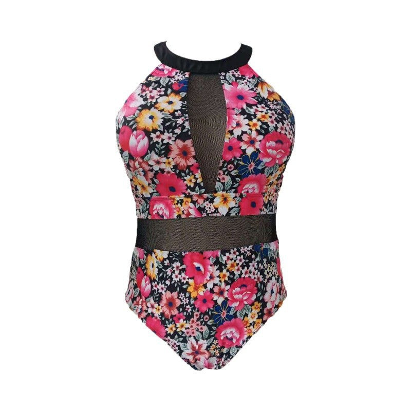 Damen Sportlicher Einteiler Badeanzug mit transparenten Mesh-Einsätzen R&B