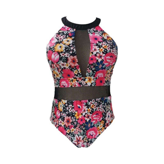 Damen Sportlicher Einteiler Badeanzug mit transparenten Mesh-Einsätzen R&B