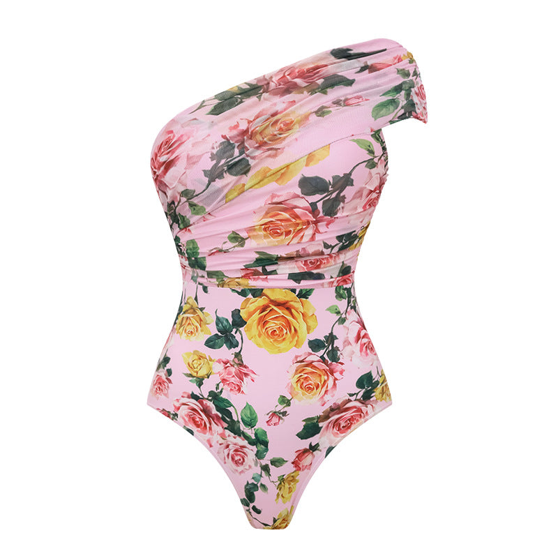 Damen Einseitiger Badeanzug mit floralem Drapierungsdesign R&B