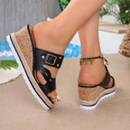 Damen Wedge-Pantoletten mit modischen Schnallen und floralem Cut-Out-Design R&B