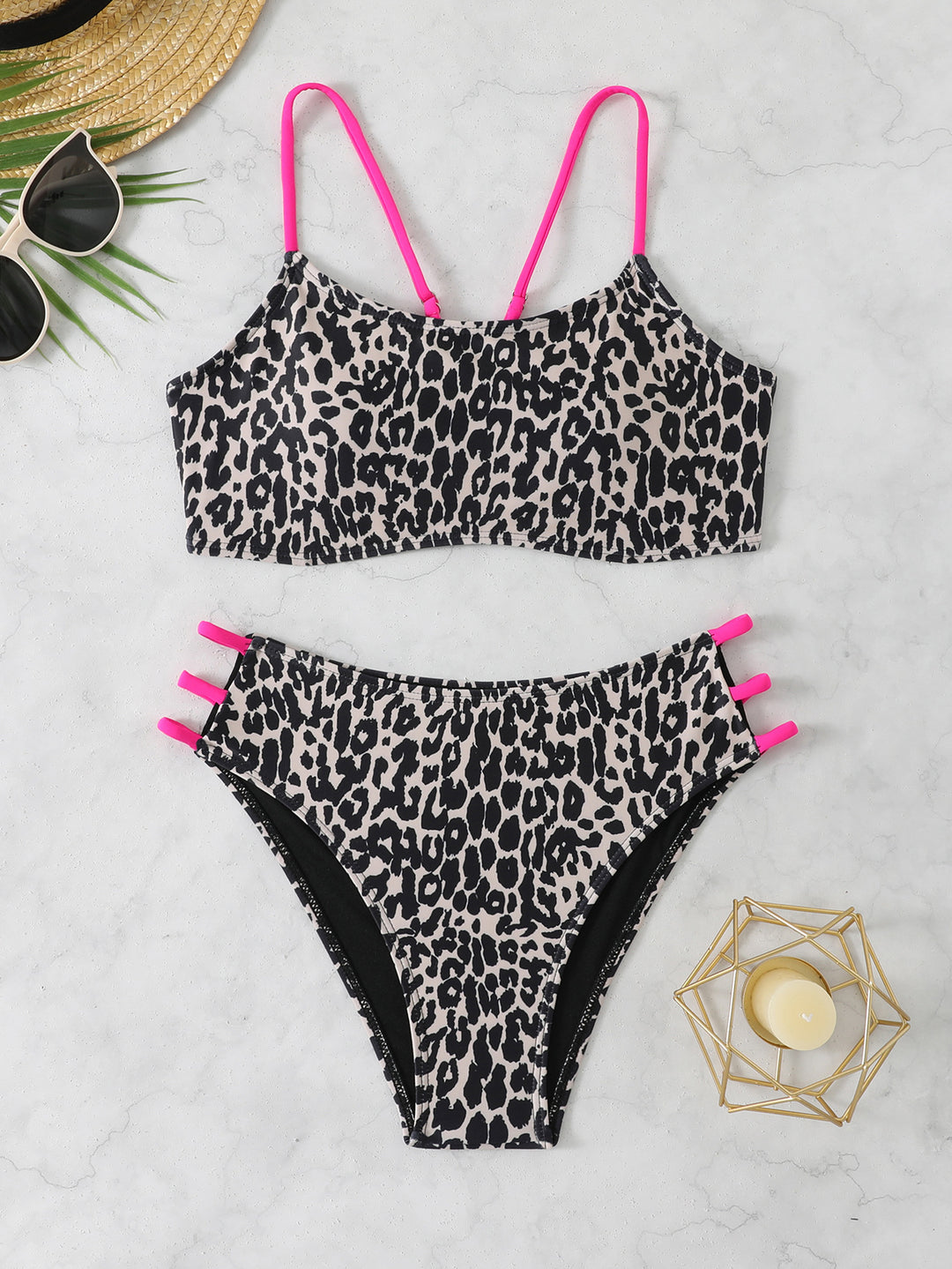 Damen Leopardenmuster Bikini-Set mit sportlichen Details R&B