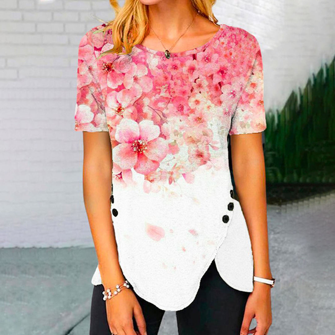 Damen lässiges T-Shirt mit dekorativem Floraldesign und asymmetrischem Saum R&B