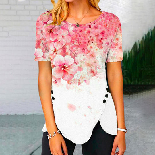 Damen lässiges T-Shirt mit dekorativem Floraldesign und asymmetrischem Saum R&B