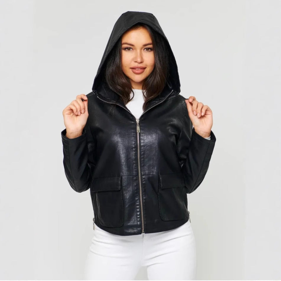 Damen Kunstlederjacke mit angeschnittenem Hoodie und praktischen Taschen R&B