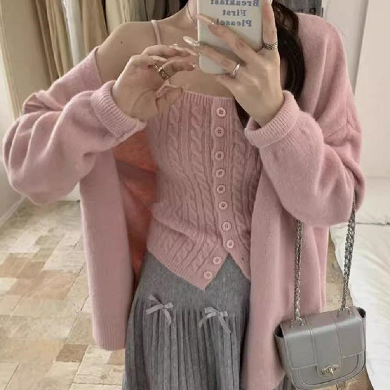 Damen Strick-Top mit Knöpfen und Cardigan