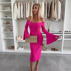 Damen Wickelkleid mit schulterfreiem Design und eleganten Trompetenärmeln R&B