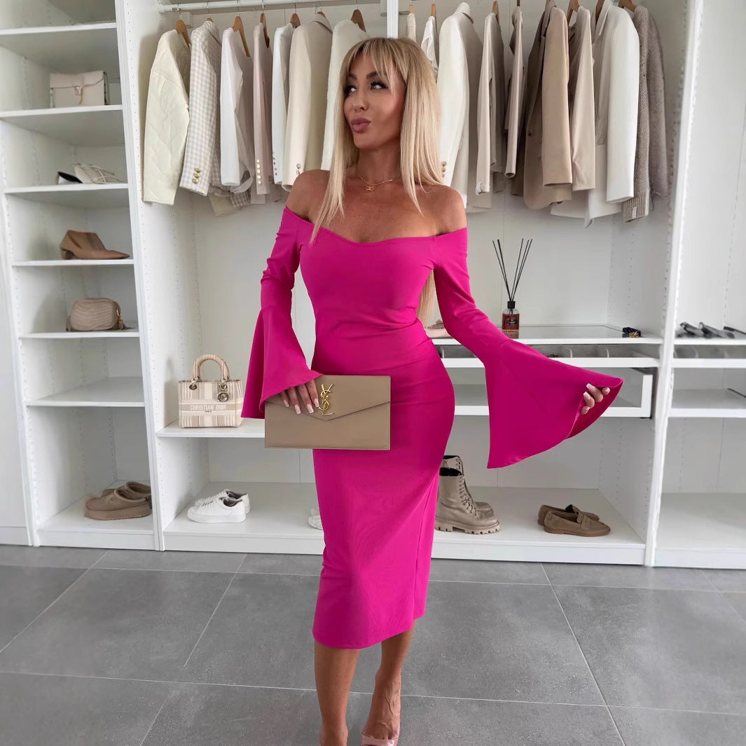 Damen Wickelkleid mit schulterfreiem Design und eleganten Trompetenärmeln R&B