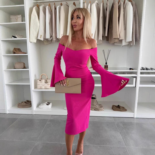 Damen Wickelkleid mit schulterfreiem Design und eleganten Trompetenärmeln R&B