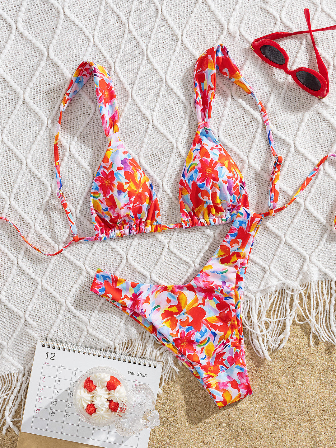 Damen Triangel-Bikini mit buntem Blumendesign und verstellbaren Trägern R&B