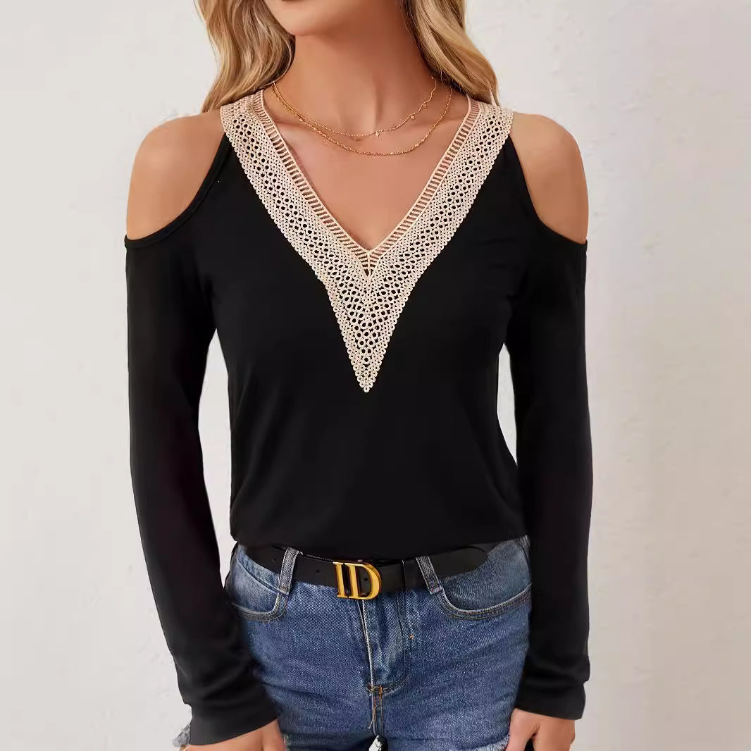 Damen elegantes Langarmshirt mit dekorativem Ausschnitt R&B