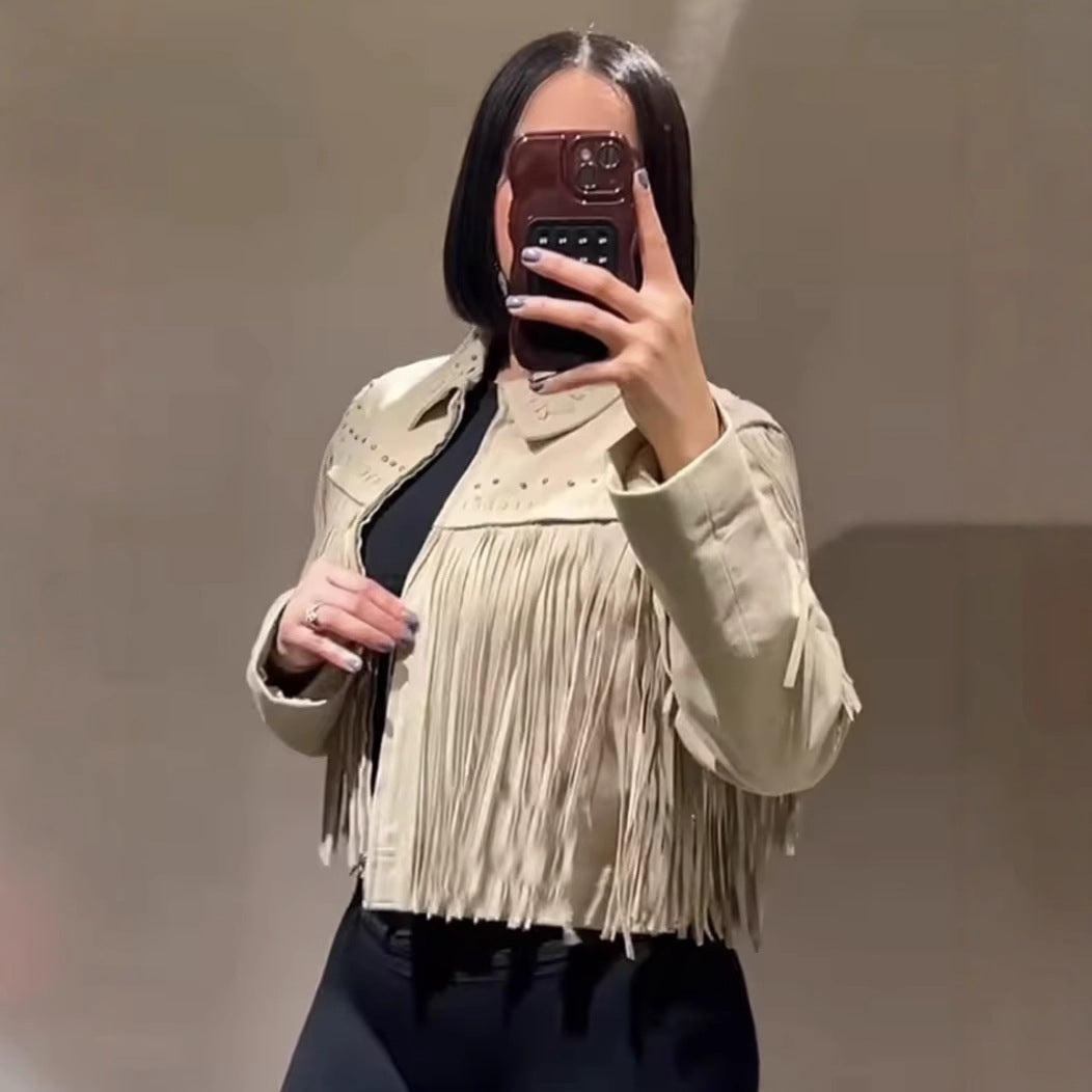 Damen modische Fransenjacke mit dekorativen Nieten R&B