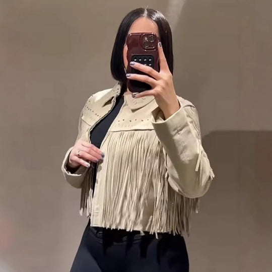Damen modische Fransenjacke mit dekorativen Nieten R&B