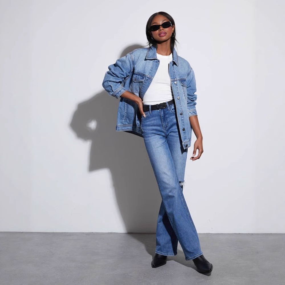 Damen Oversized Denimjacke im lässigen Schnitt mit aufgesetzten Taschen R&B