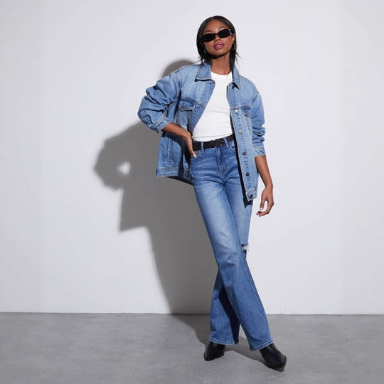 Damen Oversized Denimjacke im lässigen Schnitt mit aufgesetzten Taschen R&B