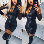 Damen enger Mini-Jumpsuit aus Kunstleder mit transparenten Ärmeln und aufwendigem Reißverschluss R&B