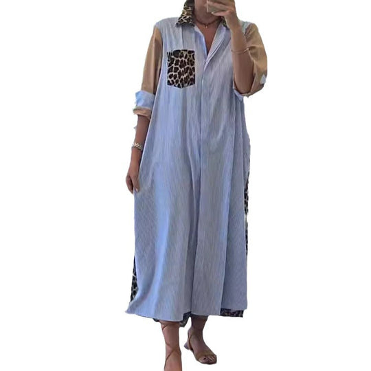 Damen nan Hemdblusenkleid im Printmix mit Leoprint-Seiteneinsätzen, Nadelstreifen-Passe und aufkrempelbaren Ärmeln R&B