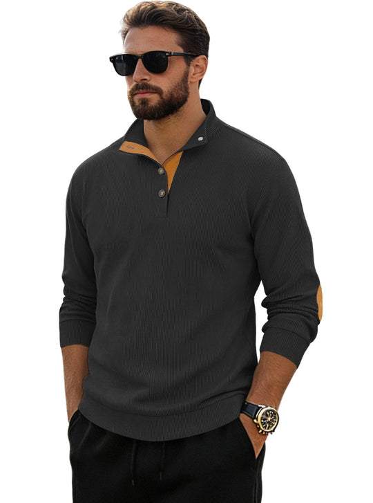 Herren nan fein gerippter Strickpullover mit Polokragen Knopfleiste und Ellenbogenbesatz R&B